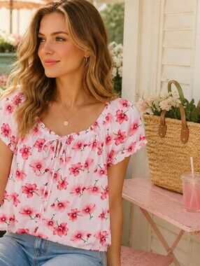 Bailey + Chloe Pink Floral Peasant Blouse Boho Cottagecore Size M